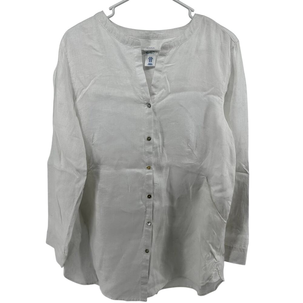 Sigrid Olsen 100% Linen Button Down Shirt Pockets V Neck Oversized White Medium